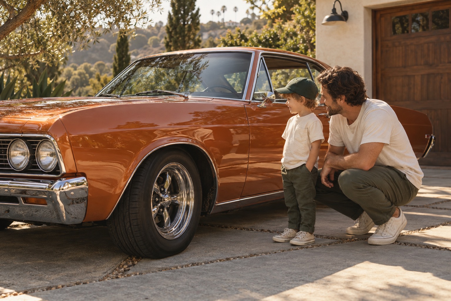 A father and son sharing a sunny afternoon beside a parked vintage orange car